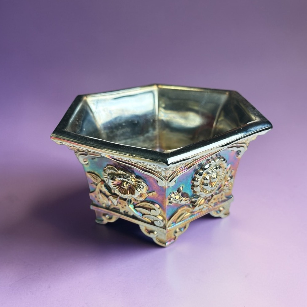 Fenton Carnival Glass Planter Hexagon Silver Iridescent Floral Bowl 7.5in Repair
